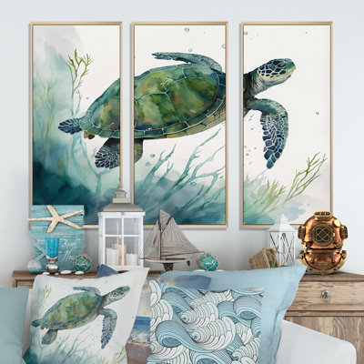 Tortue aquarelle nageant II - 3 pièces sur toile