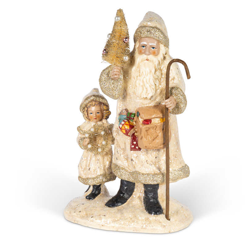 Père Noël en papier mâché avec sapin et enfant, 28 cm de hauteur
