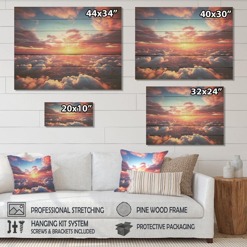 Coucher de soleil jaune et rose dans le ciel II - impression de ciel sur bois, H 10 po x l 20 po