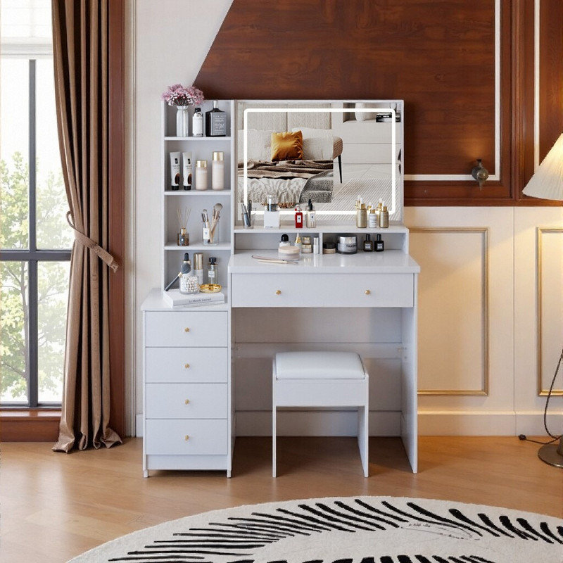 41 Inch Large Vanity Desk with LED Mirror, Multi Storage Dressing Table and Stool Set, White 1