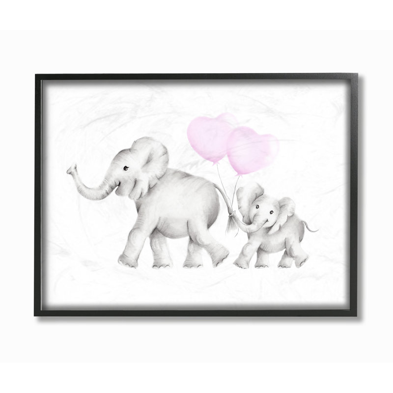 Art sur toile / maman konen et bébé éléphants, H 16 po x l 20 po, Giclée encadrée noir minuit