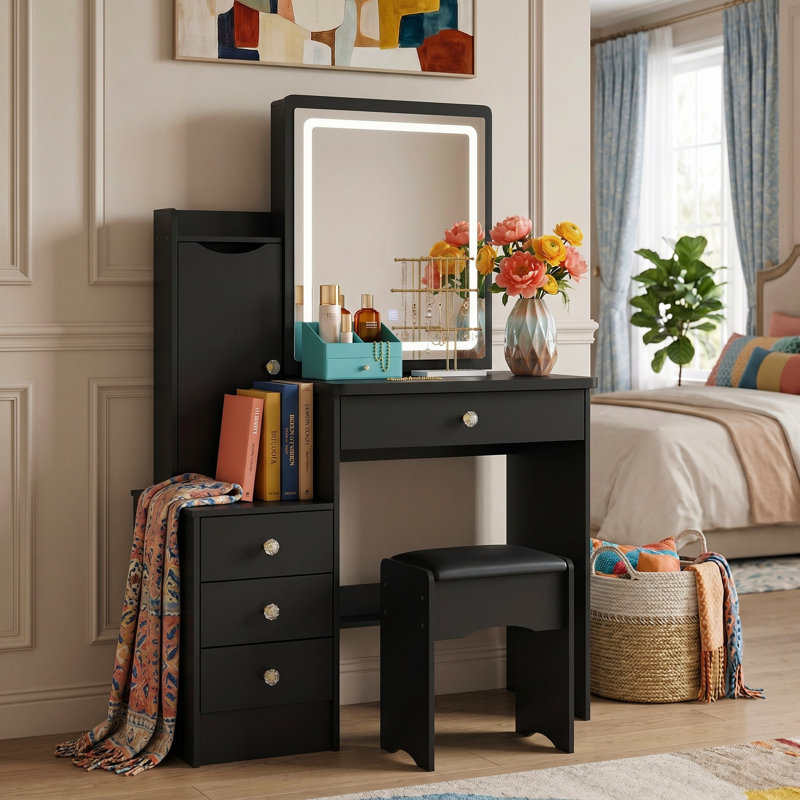 Vanity Set with Stool and Mirror, Black
