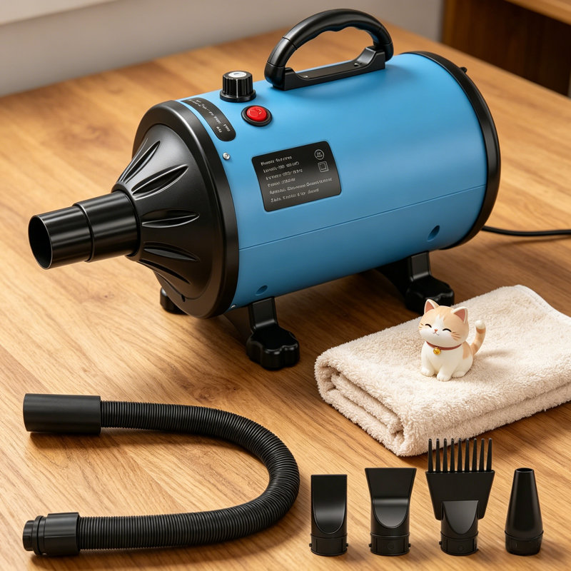 Pet Hair Dryer Blower, 2000W Adjustable Speed Pet Grooming Dryer with Heating Function, 4 Nozzles & Flexible Hose, Low Noise Dog Cat Hair Dryer for Home Pet Grooming, EU Plug
