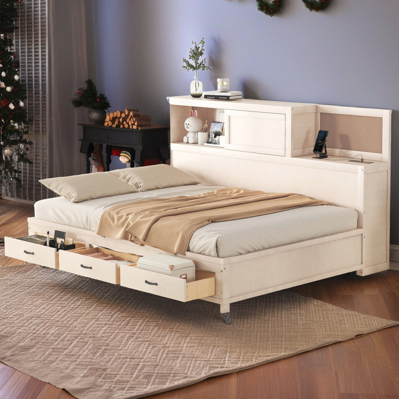 Lit de jour double en bois avec tiroirs de rangement et ports USB - Conception multifonctionnelle - Capacité de 350 lb