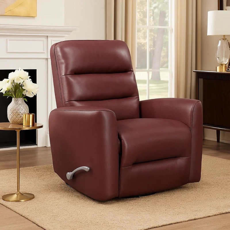 Demy Swivel Glider Manual Reclining Chair, Red Faux Leather Cushions, Red