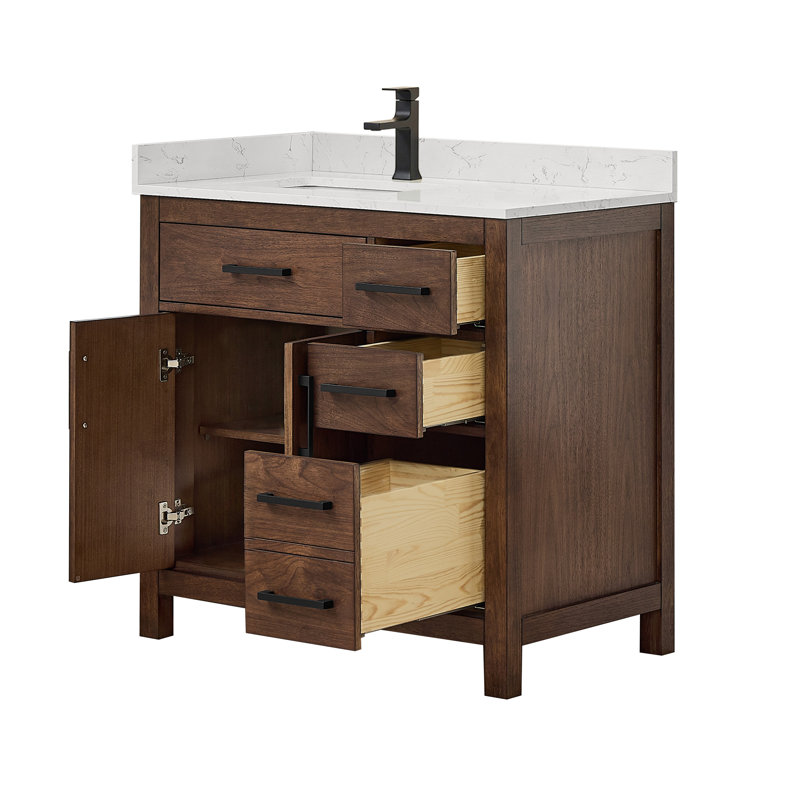 Beckett 36" Freestanding Single Bathroom Vanity with Cultured Marble Top, Carrara Cultured Marble, Matte Black, Dark Walnut