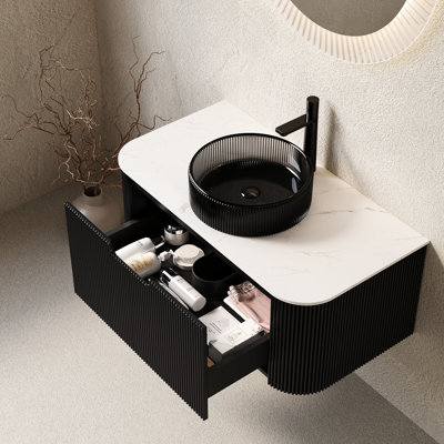 Meuble-lavabo de 36 po avec armoire murale, lavabo rond en verre transparent noir, tiroir à rayures 3D, meuble-lavabo pré-assemblé, tiroir en contreplaqué,