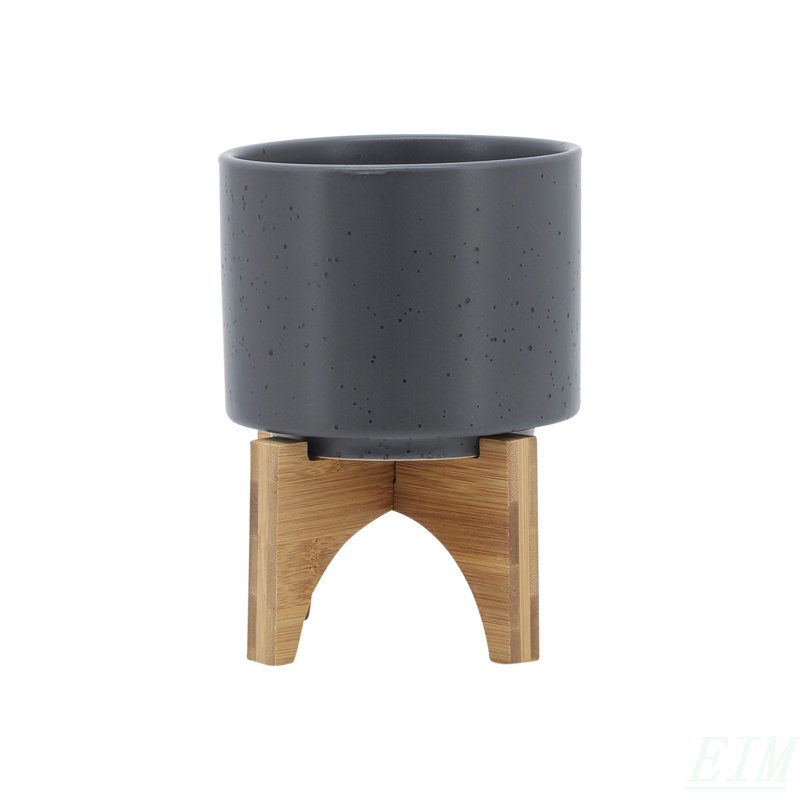5" Planter W/ Wood Stand, Matte Gray, 7.08" H x 5.08" W x 5" D