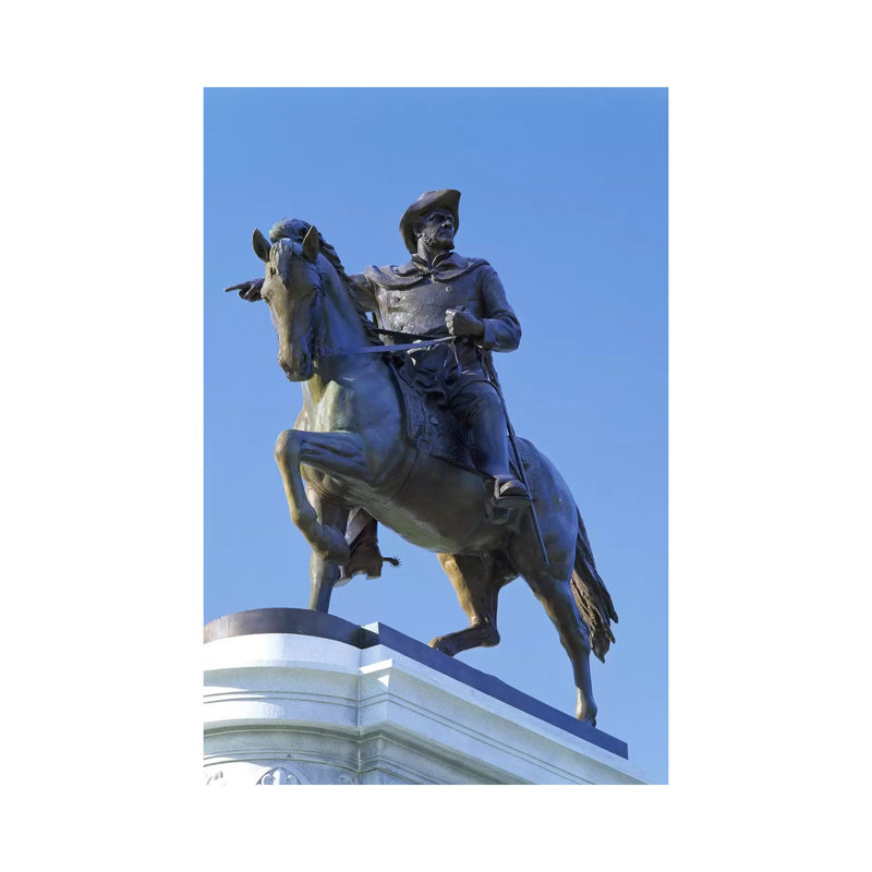 Statue Of Sam Houston Pointing Towards San Jacinto Battlefield Against Blue Sky, Hermann Park, Houston, Texas, USA - Wrapped Canvas Print