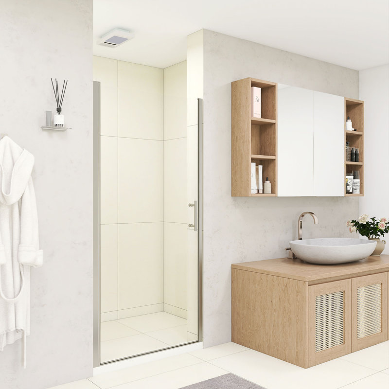 34" W × 72" H Pivot Shower Door – 1/4"(6Mm) Tempered Glass With Explosion-Proof Film, Stainless Steel Handle, Matte Black Aluminum Half Frame, Modern Minimalist Design