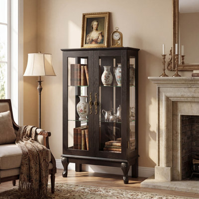Lighted Curio Display Cabinet with Tempered Glass Doors, Mirrored Back Panel, and Adjustable Shelves, Includes Bulb, for Home or Office in Black