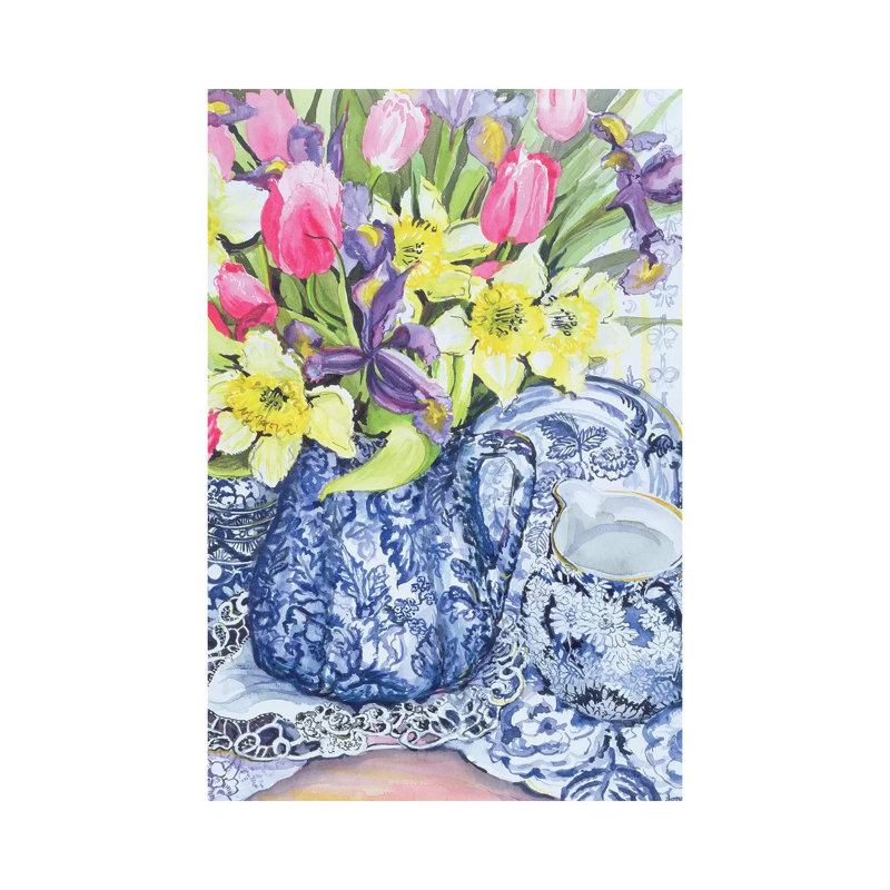 Daffodils, Tulips And Irises With Blue Antique Pots by Joan Thewsey - Wrapped Canvas Print, 20.32 cm H x 30.48 cm W