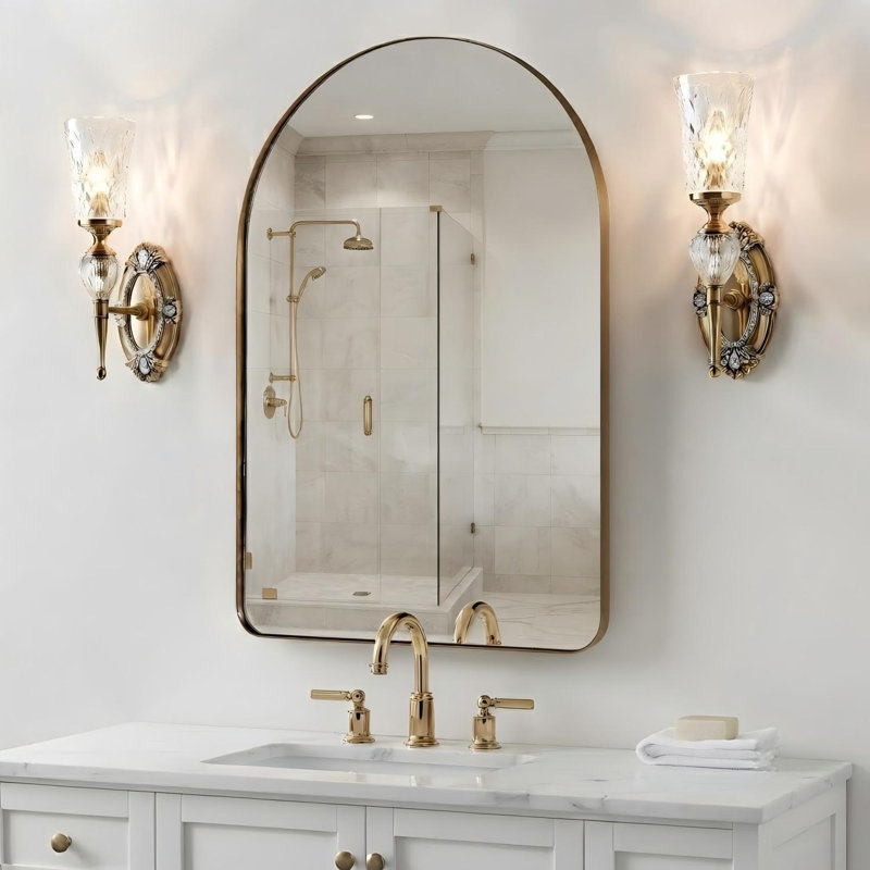 Elegant Arched Bathroom Vanity Mirror – Premium Stainless Steel Frame, Brushed Gold, 36" x 24"