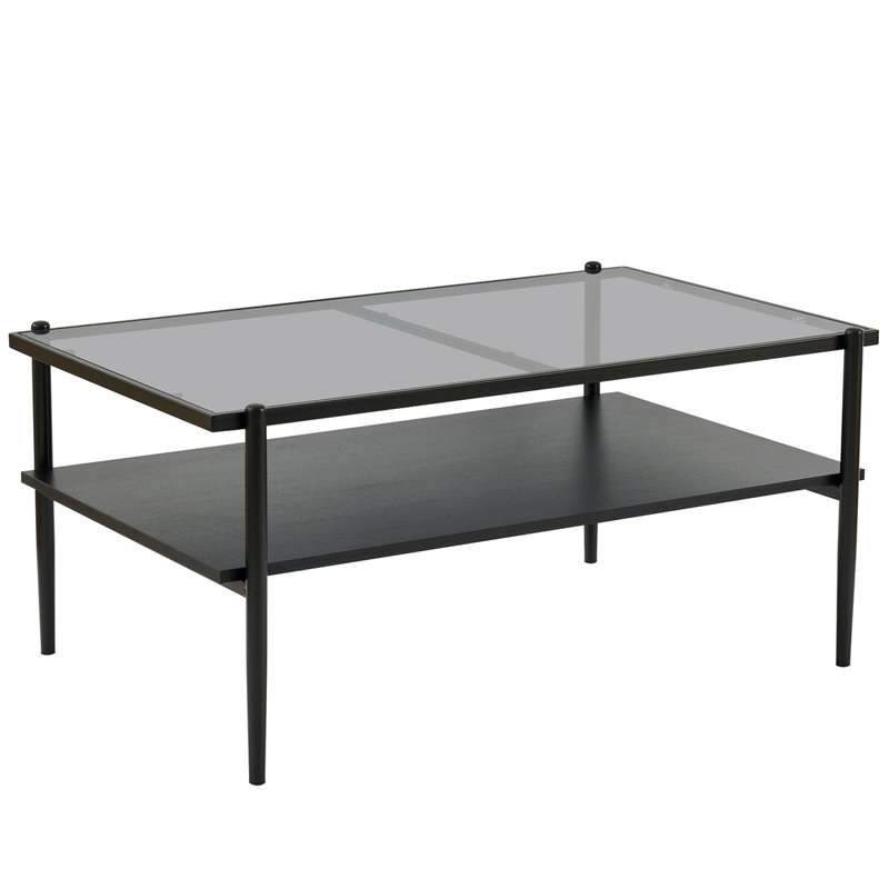 Rectangle Coffee Table With Tempered Glass Top And Legs,Modern Table For Living Room, Black