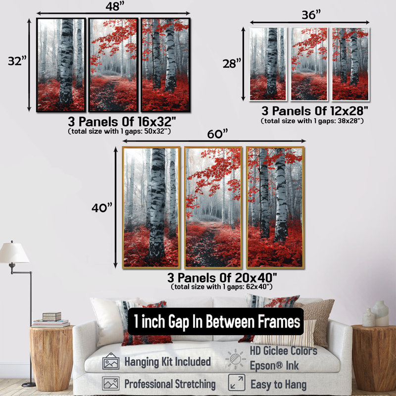 «Red Morning In Forest Panorama» - ensemble de salon art mural forêt, Toile encadrée flottée blanche
