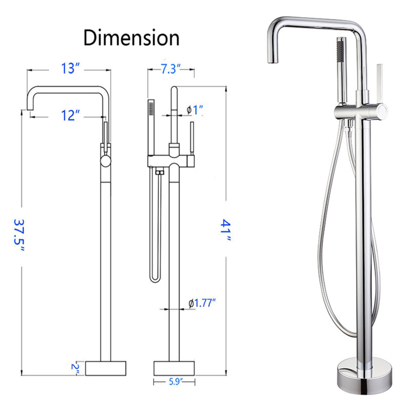 Robinet de baignoire à fixation au sol avec douche à main, Argenté