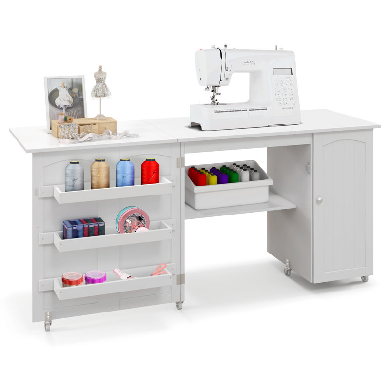 158cm x 50cm Foldable Sewing Table with Sewing Machine Platform and Wheels, White