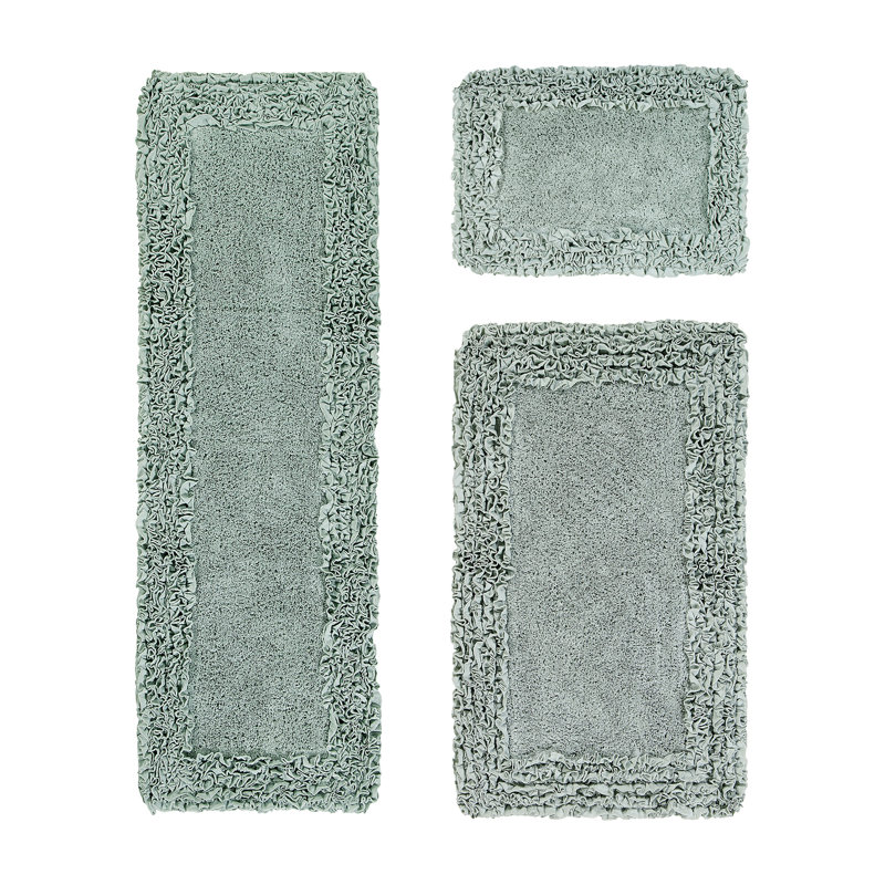 Ensemble de tapis pour salle de bain 100% coton 1775 g / m² 3 pièces Courson, certifié OEKO-TEX®, envers en latex antidérapant, motif de volants touffetés moelleux, super absorbant, tapis de salle de bain lavables à la machine, sauge