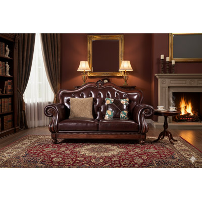 70.87" Traditional Genuine Leather Loveseat, Tufted Back With Ornate Solid Wood Frame