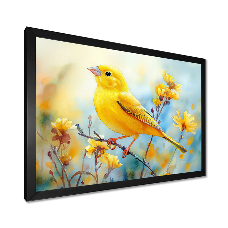Oiseau pinson sur une tige de fleur sauvage III - oiseau, art mural, Cadre simple, Noir, H 12 po x l 20 po