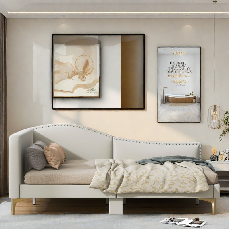 Upholstered Daybed With Headboard And Armrest, Beige, Full/Double