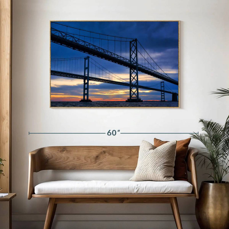 Pont de la baie de Chesapeake à l'aube, Cadre flottant en bois naturel, 46 po x 31 po