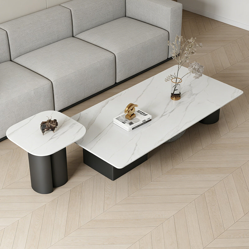 Modern Rectangle Home Slate Coffee Table Set, 13.77" H x 62.99" L x 31.49" W, White/Light Gray