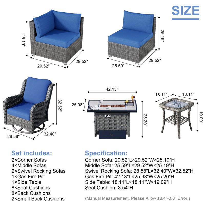 Ralfs 8 - Person Modular Patio Conversation Set with Cushions, Navy Blue