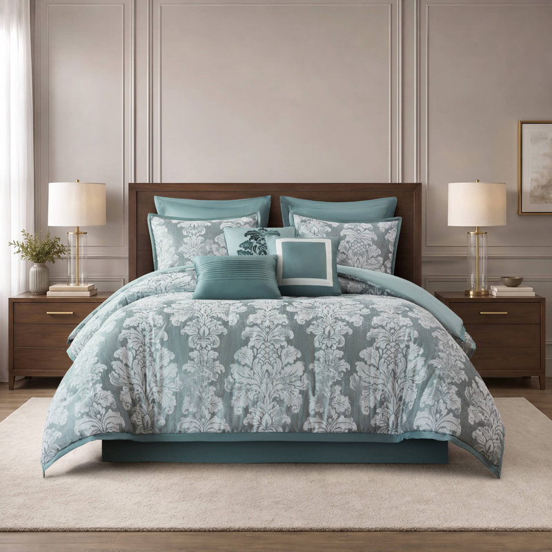Tristan Comforter 9pcs Set, Full/Queen, Teal
