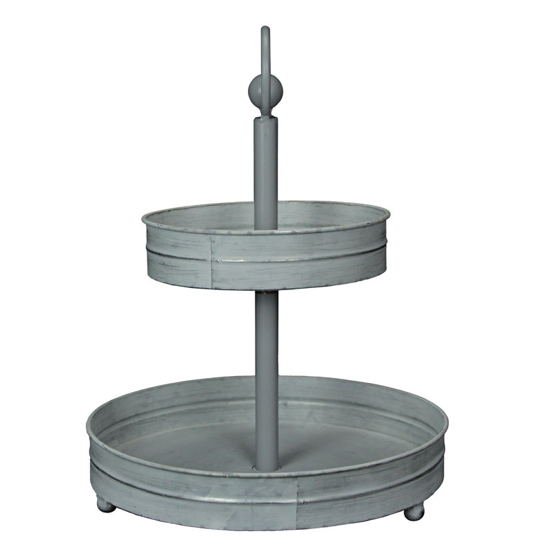 Support de plateau rond en métal galvanisé blanc vieilli à 2 niveaux pour table de cuisine - 12 po de diamètre x 16 po de hauteur