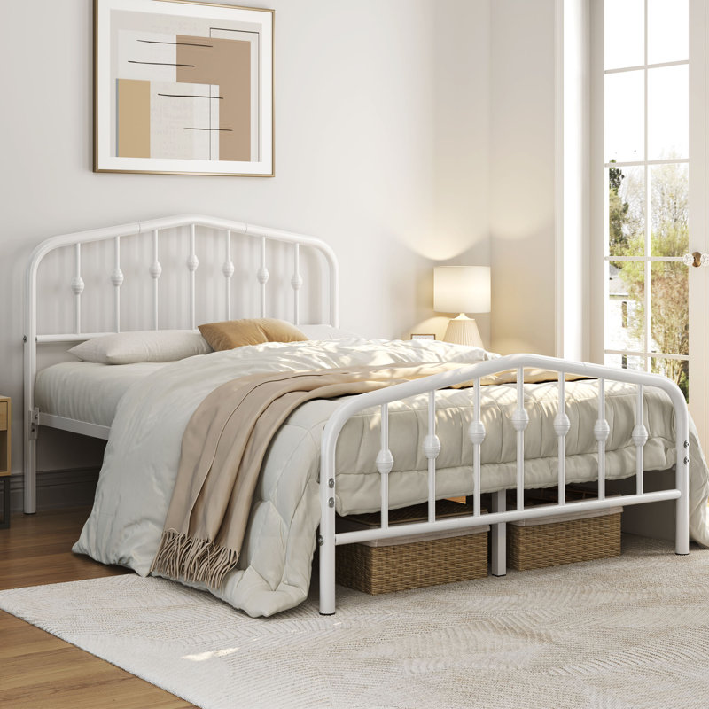 Metal Bed with Arched Headboard and Footboard, White, Double (4'6)