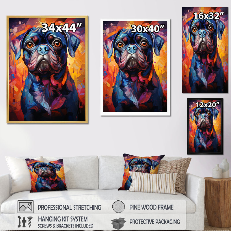 Popart Pug Parade VI sur toile, H 32 po x l 16 po x P 1 po, Cadre flottant doré