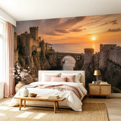 Peel and Stick Wallpaper Wall Mural Medieval Castle Stone Bridge Calm Cove Sunset Wall Art Self Adhesive and Removable