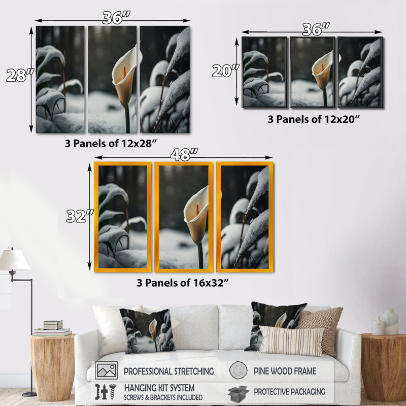 «A Blooming White Calla Lily Flower Winter II», ensemble de 3 reproductions sur toiles, Cadre noir