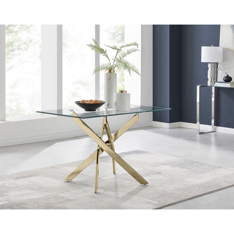 Lenworth Glass Rectangular Dining Table Set with 4 Quilted Velvet Dining Chairs, Gold, Navy