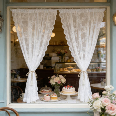 1pcs White Lace Curtains Scalloped Sheer Vintage Embroidered Window Treatment with Rod Pocket for Bedroom Kitchen Sun-Room