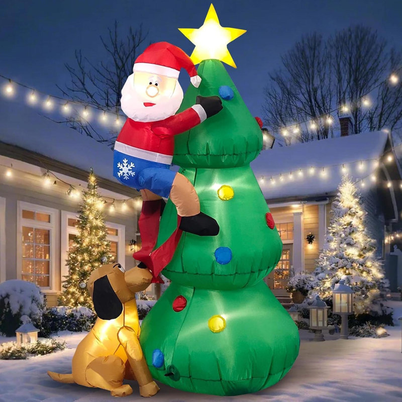 Décoration d'arbre de Noël gonflable de 6 pi avec sapin grimpant éclairé de Noël chassé par un chien et lumières DEL intégrées pour les fêtes de Noël