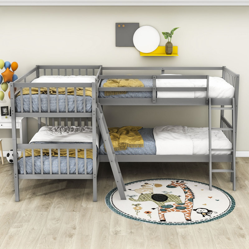 Twin Over Twin L-Shaped Bunk Beds with 2 Ladders, Grey