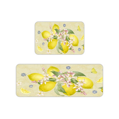 Tapis de cuisine jaune à motif floral aquarelle et citron, ensemble de 2, pour la cuisine et la chambre à coucher
