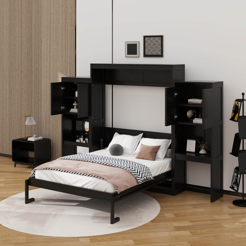Grand lit escamotable avec bureau, coiffeuse et armoires, Espresso