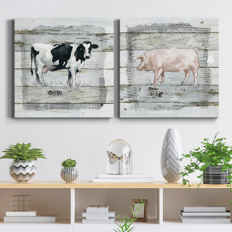 «Farmhouse Collage Cow», ensemble de 2 reproductions sur toiles tendues, H 16 po x l 32 po x P 1 po