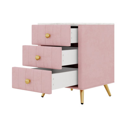 Upholstered Wooden Bedside Table with 3 Drawers, Metal Legs and Handles, Marbling Sticker Worktop for Bedroom