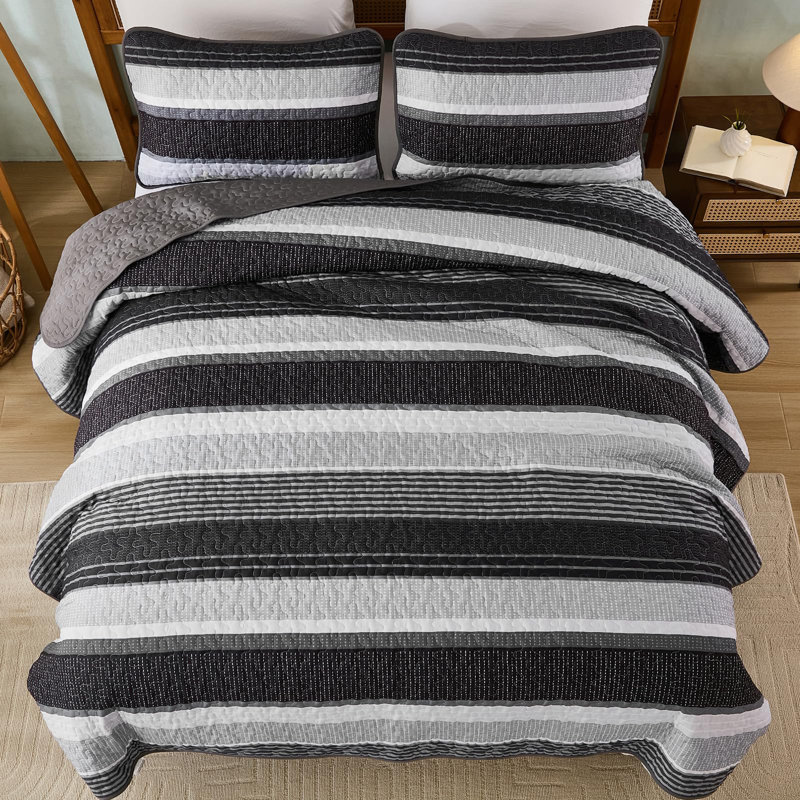 Ensemble de couvre-lit rayé 3 pièces Boho, Noir blanc, Couvre-lit grande taille et 2 taies d'oreiller