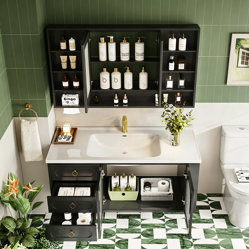 Meuble-lavabo mural moderne et minimaliste en bois d'hévéa avec lavabo en céramique intégré et armoire à pharmacie intelligente