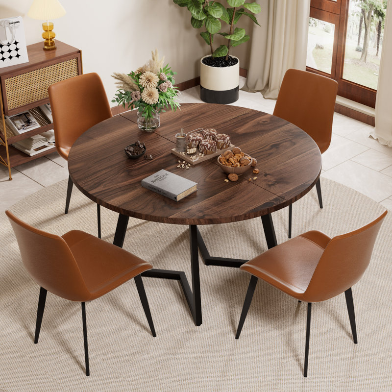 Mid Century Round Dining Table Sets, Brown, Walnut, 5