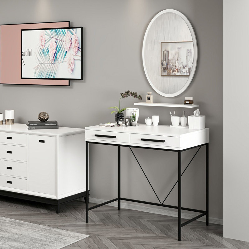 Elegant Make-Up Table with Mirror, White Finish, 35.4 x 31.5 x 17.7 inches | 100% Melamine Coated Particle Board, Durable 0.7 inches Thickness | Ideal for Bedroom & Vanity Spaces, Stylish & Functional Design