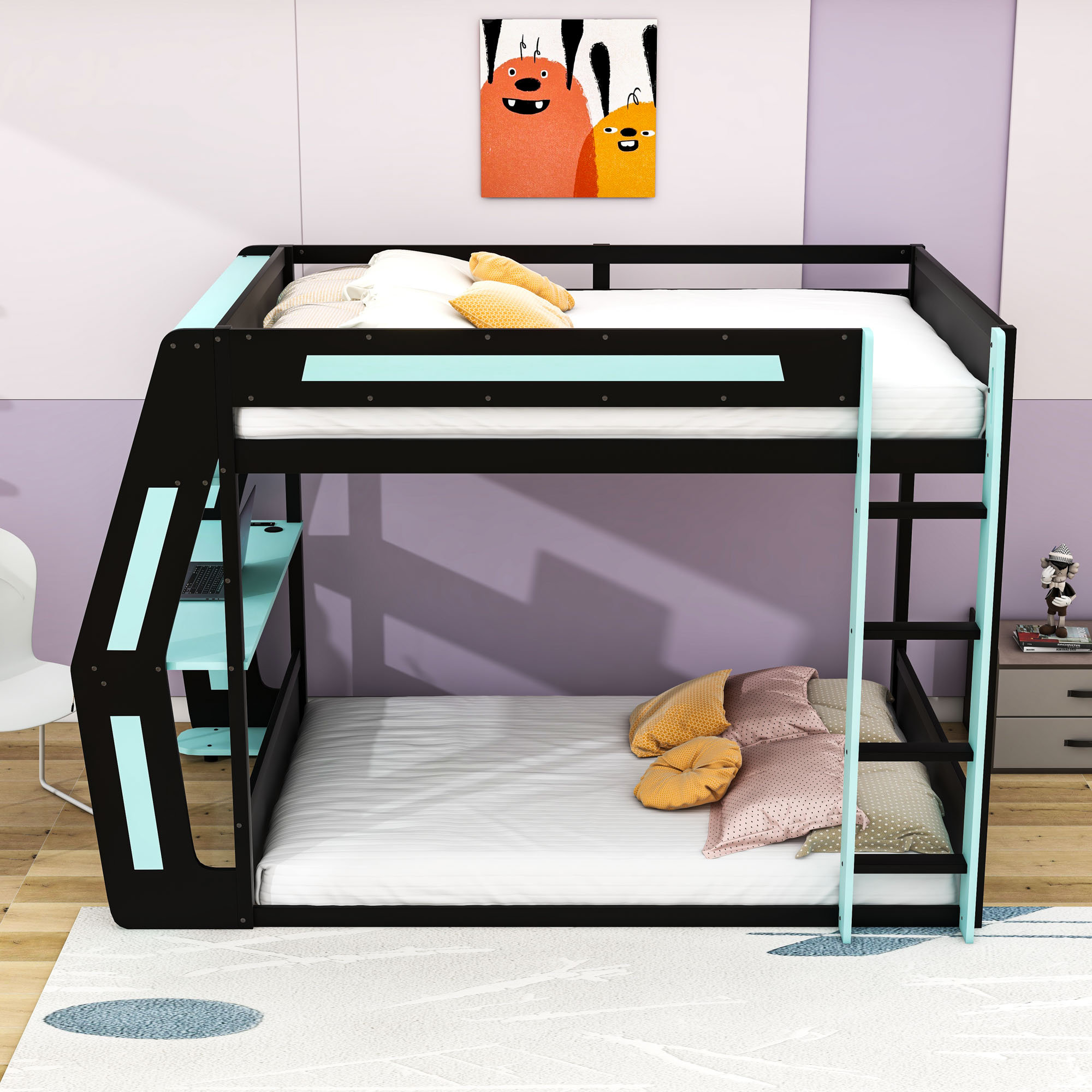 Harriet Bee Wooden Frame Loft Bed With RGB Lights And Desk And USB ...