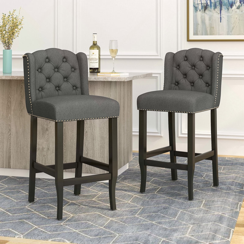 Ensemble de 2 tabourets de comptoir à oreilles capitonnés en tissu Vienna Vienna, Gris, Noir