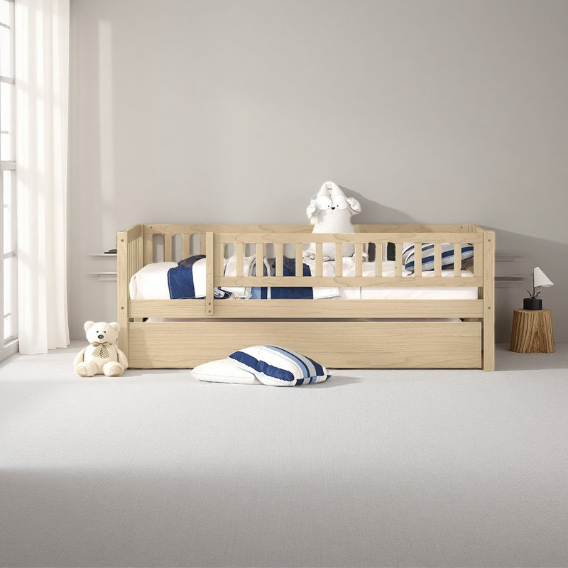 Twin Size Wood Daybed With Trundle And Fence Guardrails, Natural