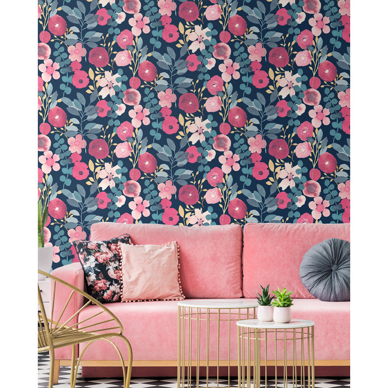 Kalea Peel & Stick Floral Roll, Navy & Magenta